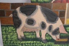 1989 Large Menno Shirk Folk Art Painting On Wood 12″ X 24″ Barn Pigs Signed B32