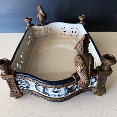CASTILIAN Footed Centerpiece Planter Candleholder Porcelain Crackle Bronze Birds