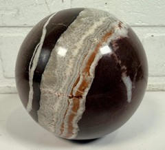 Large Zebra Jasper Sphere, Iron Red Banded Stone Orb.