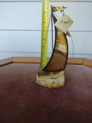 MCM Decor John DeMott Signed Metal Brass Sailboat Sculpture On Stone Nautical