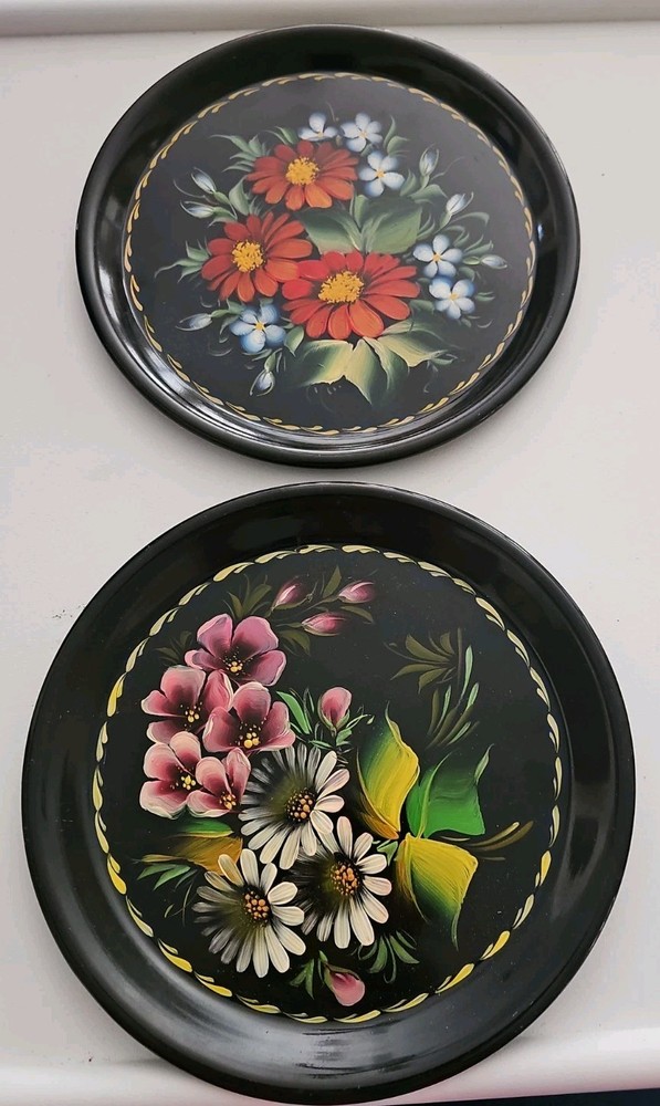 2 VINTAGE Russian Black Tole Ware Metal Trays Floral Hand Painted 7” EUC