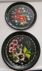 2 VINTAGE Russian Black Tole Ware Metal Trays Floral Hand Painted 7” EUC