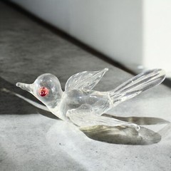 Hand Blown Art Glass Clear Bird Figurine Delicate With Red Orange Eyes Hand Made