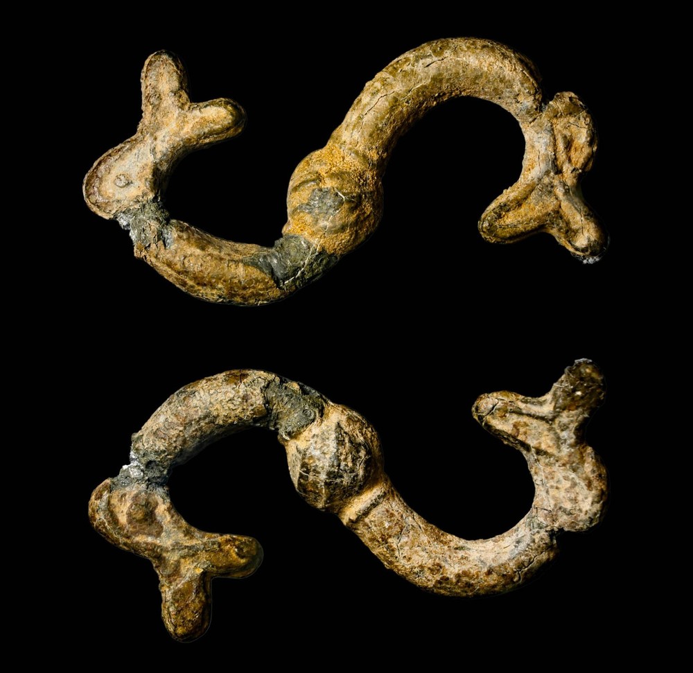 Viking Bronze S-Shaped Fibula Dual Fish/Dragon Motif Artifact Antiquity 38mm