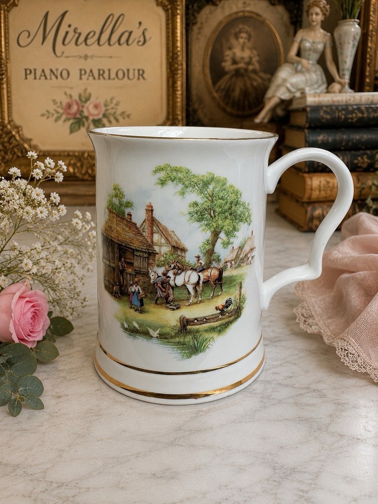 Vintage Royal Stafford Fine Bone China Tankard – English Village Stable Scene