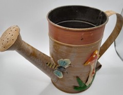 Vintage Mushroom Custom Watering Can Hand Painted Farm House deco Brown an Green
