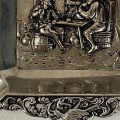 Antique Collectible Metal Cigarette Ashtray Men Sitting Around A Table Rare