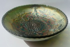 Stag Holly Green Carnival Glass 3 Footed Bowl Beaded Edge Amethyst Irridescence