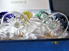 Faberge Na Zdorovye Crystal Colored Cordial Glasses 5 3/4″ H x 2″ at rim NIB