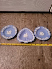 Set of 3 Vintage Wedgwood Heart Blue Jasperware Three ASHTRAYS All VGC