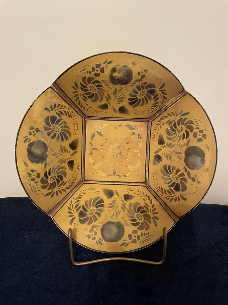 Floral Painted Metal Vintage Bowl Yellow Black Connecticut House Toleware