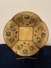 Floral Painted Metal Vintage Bowl Yellow Black Connecticut House Toleware