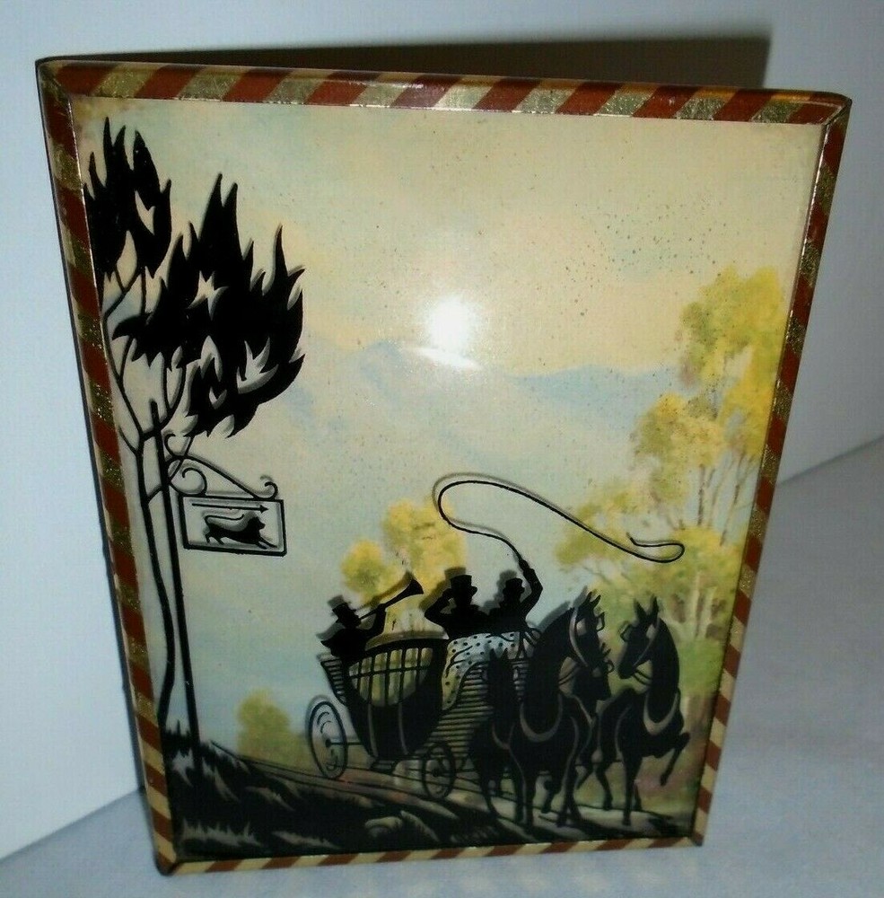 Silhouette Picture Men, Hoses, Stage Coach, Trees, Convex Glass, 4.5″x3.5″ 1940s