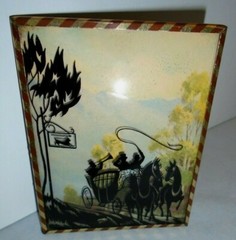 Silhouette Picture Men, Hoses, Stage Coach, Trees, Convex Glass, 4.5″x3.5″ 1940s