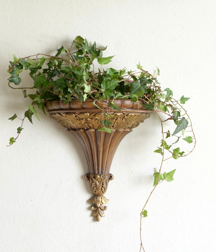 Vintage Burwood Ornate Gold & Brown Wall Pocket Planter Sconce Acanthus Leaf