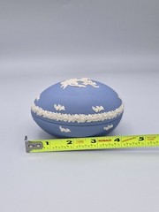 Wedgewood Blue Jasperware Egg Trinket Box Cherub With Floral Garland