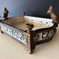 CASTILIAN Footed Centerpiece Planter Candleholder Porcelain Crackle Bronze Birds