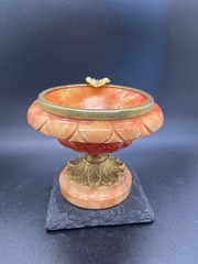 Vintage Alabaster Marble Orange Pedestal Bird Bath, Brass Accents Made Italy