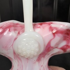 Pink Hand Blown Art Glass Basket Bowl Mid Century Pink & White Swirl 9″ Vintage