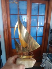 Vintage MCM Brass Nautical Sculpture Metal Sailboat Boat 18”+Stone Signed Demott
