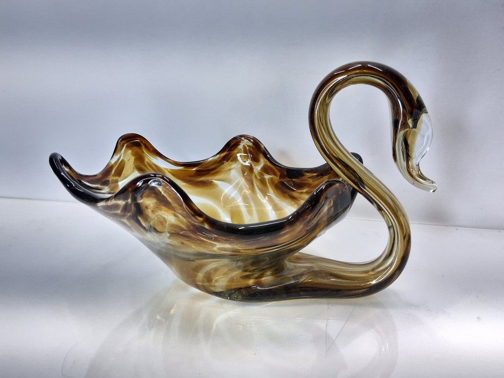 Vintage Hand Blown Glass Swan – Large Shaped Dish 11″- Unbranded
