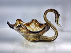 Vintage Hand Blown Glass Swan – Large Shaped Dish 11″- Unbranded