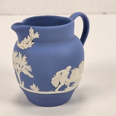 VTG Wedgwood Blue Jasperware Miniature Pitcher Creamer Neoclassical Trees 2.5″