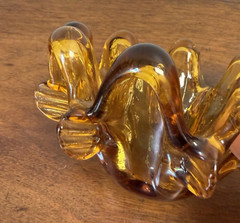 Vintage MCM Amber Hand Blown Art Glass Freeform Bowl 8 Prunts Czech Style 5″