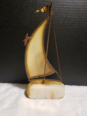 John Demott Signed Single Sail Brass Sailboat Mounted Onyx Stone w/ Seagull VTG