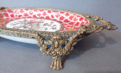 VTG Wong Lee 1980s Bronze & Porcelain Claw Foot Dish Hand Painted Bird Pair Red