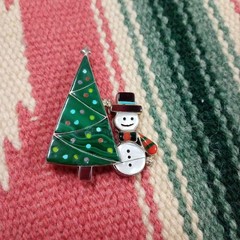 Zuni Inlay Christmas Tree Snowman Brooch Native Jewelry Used