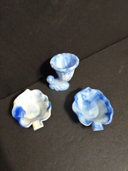 VINTAGE 3 AKRO AGATE Blue Slag Glass Leaf, Shell & Corncopia Shape