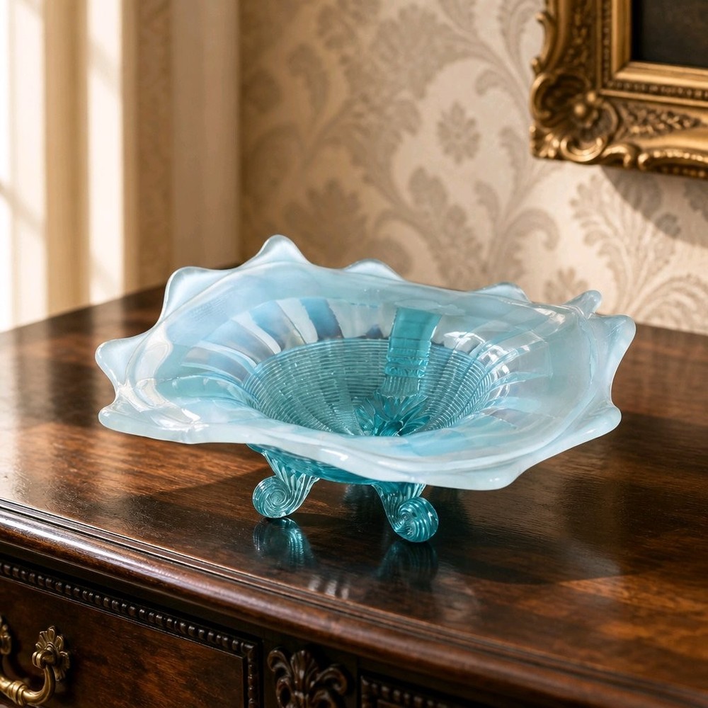 American Northwood Klondike Glass Bowl Blue Opalescent Footed USA Vintage