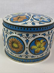 Vintage Arthur Holland Art Deco 1930s Floral Colorful Tin Round Storage. 4.25”