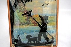 Pair 1940 Convex Benton Glass Matching Silhouettes 4×5” Boy w/ Rake & Fishing
