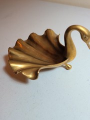 Vintage Heavy Brass Copper Swan Sculptural Bowl Patinaed