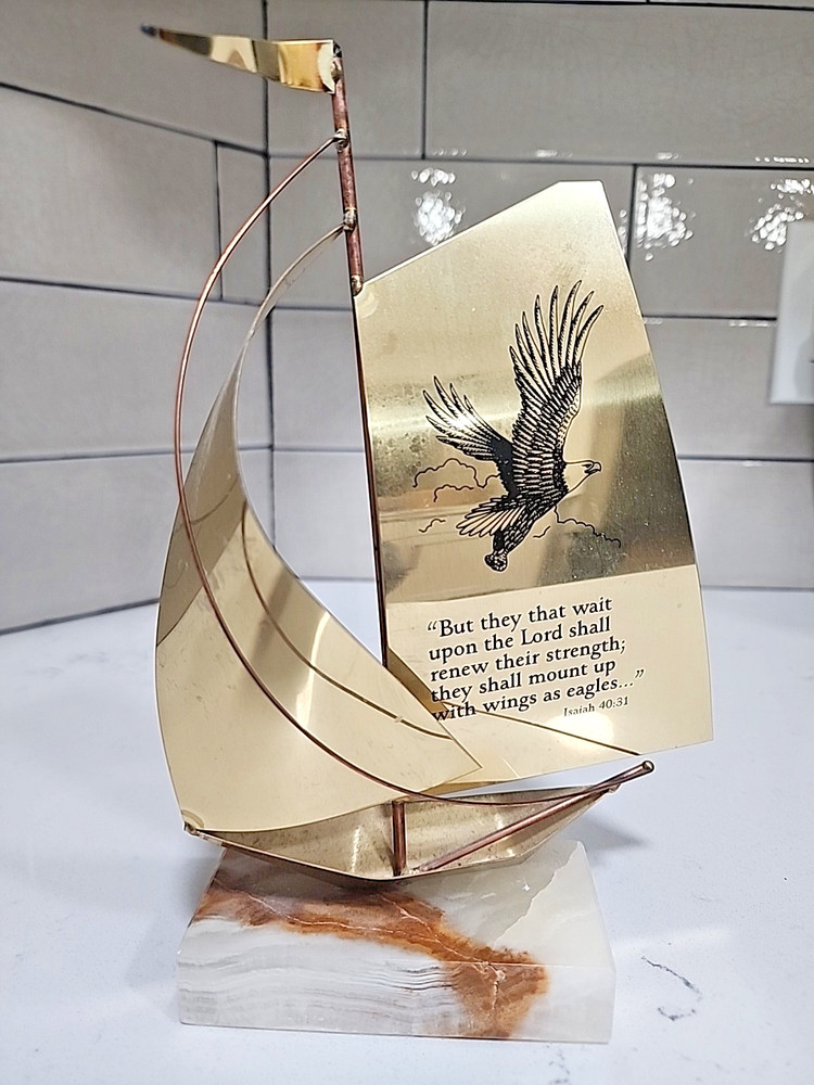 Unbranded Brass & Copper Sail Boat Sculpture on Marble Base Eagle Isaiah 40:31