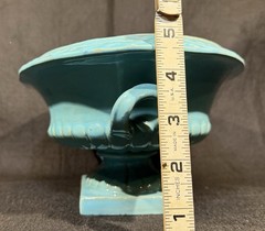 Turquoise Ceramic compote bowl w/relief decoration and handles. Made In Italy