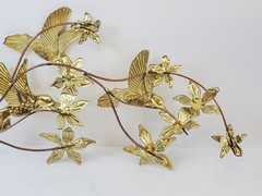 Vintage Metal Art Wall Hanging Hummingbirds Flowers Branches Brass Birds MCM