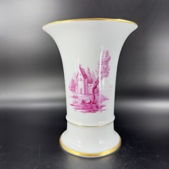 1975 Hochst German Vase Magenta House Church with Gold Trim Germany Porcelain