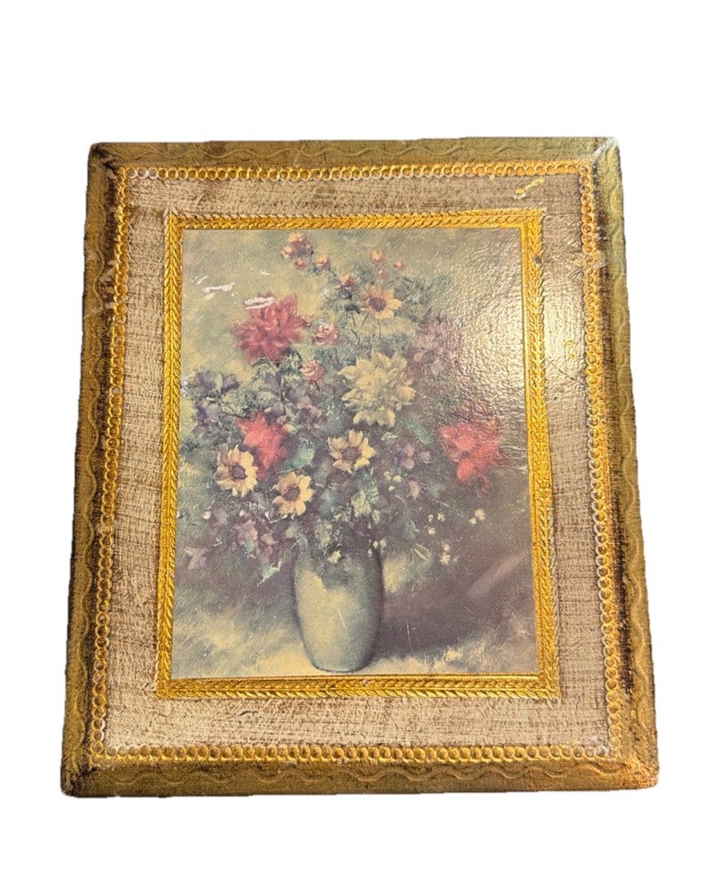 VTG Gold Gilt Italian Florentine Tole Wood Wall Picture Plaque FLORAL 7”x 6”