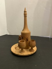 Vintage Wooden Pyrography Folk Art Decanter with 4 Stem Cups and Serving Tray