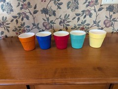 5-VINTAGE HAZEL ATLAS MODERNTONE FLOWER POTS 3-3/4″BLU,RED,YELLOW,GRN, ORANGE