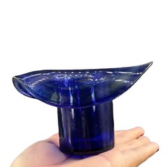 1980s Art Glass Hat Shaped Dish Bowl Clear Cobalt Blue Swirls Folded Edges VTG