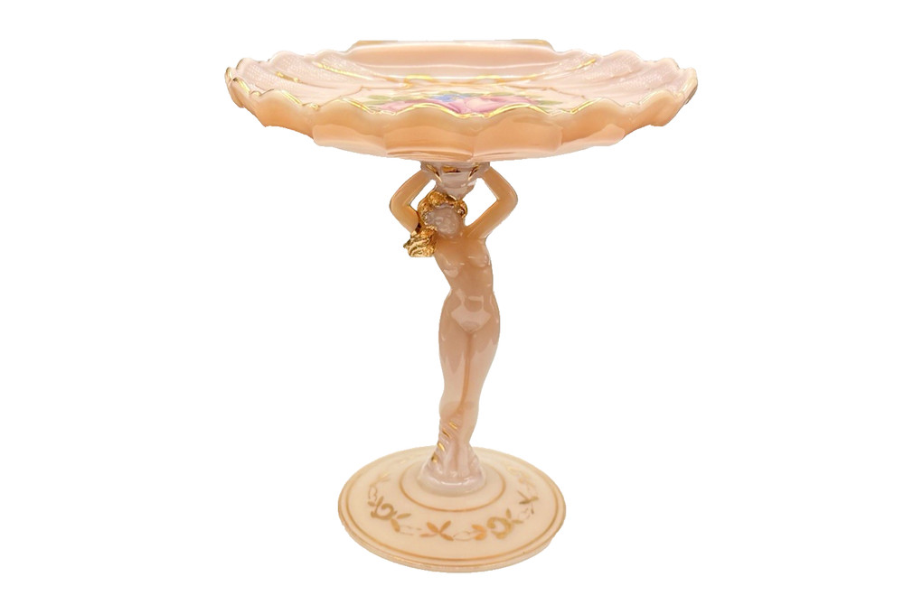 Cambridge Crown Tuscan Pink Peach Milk Glass Venus Stem Shell Boudoir Dish