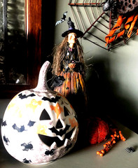 Polish Pottery Goth Ceramic Pumpkin 7″ High Spiders Ghosts Bats Gothic Decor