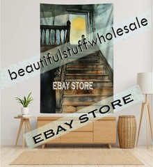 Gothic Wall Tapestry Lonely Stairwell eerie dim golden lighting 59X82 in