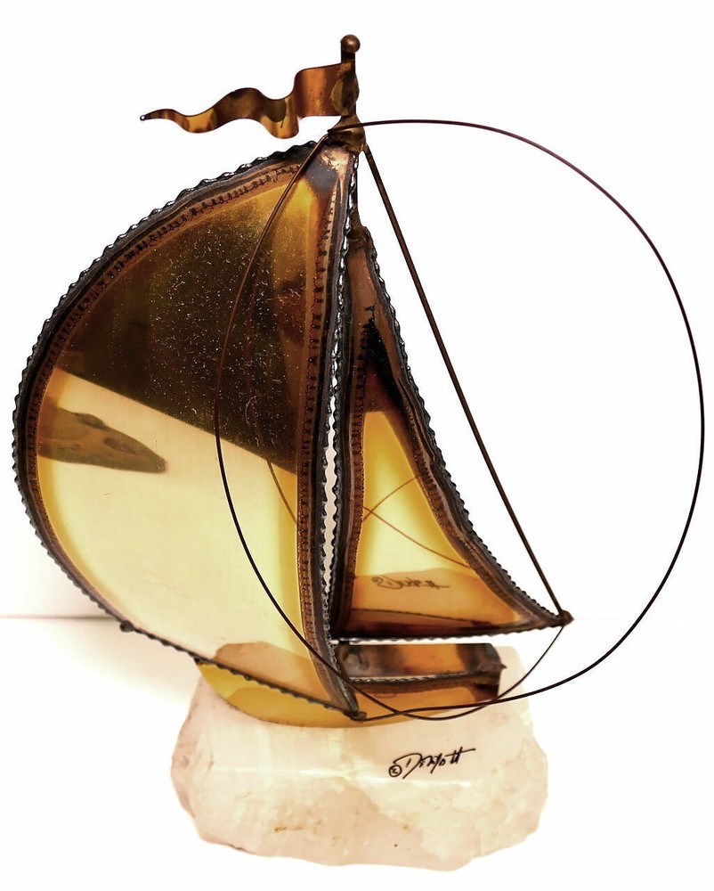 Vintage Signed John De Mott Brass Copper Sailboat Sculpture Onyx Base 10″ tall