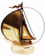 Vintage Signed John De Mott Brass Copper Sailboat Sculpture Onyx Base 10″ tall