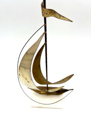 Vintage DeMott MCM Brass Sailboat on White Stone 14″ Tall Nautical Maritime